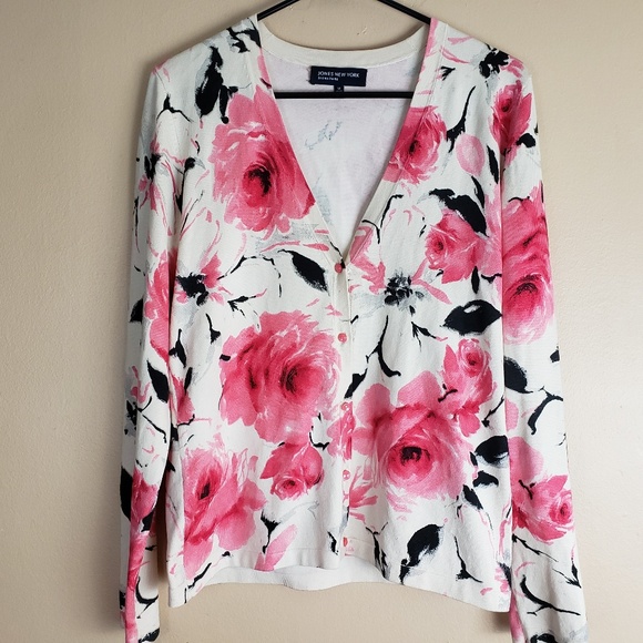 Jones New York Sweaters - Jones New York Silk Blend Floral Cardigan Sz M E16